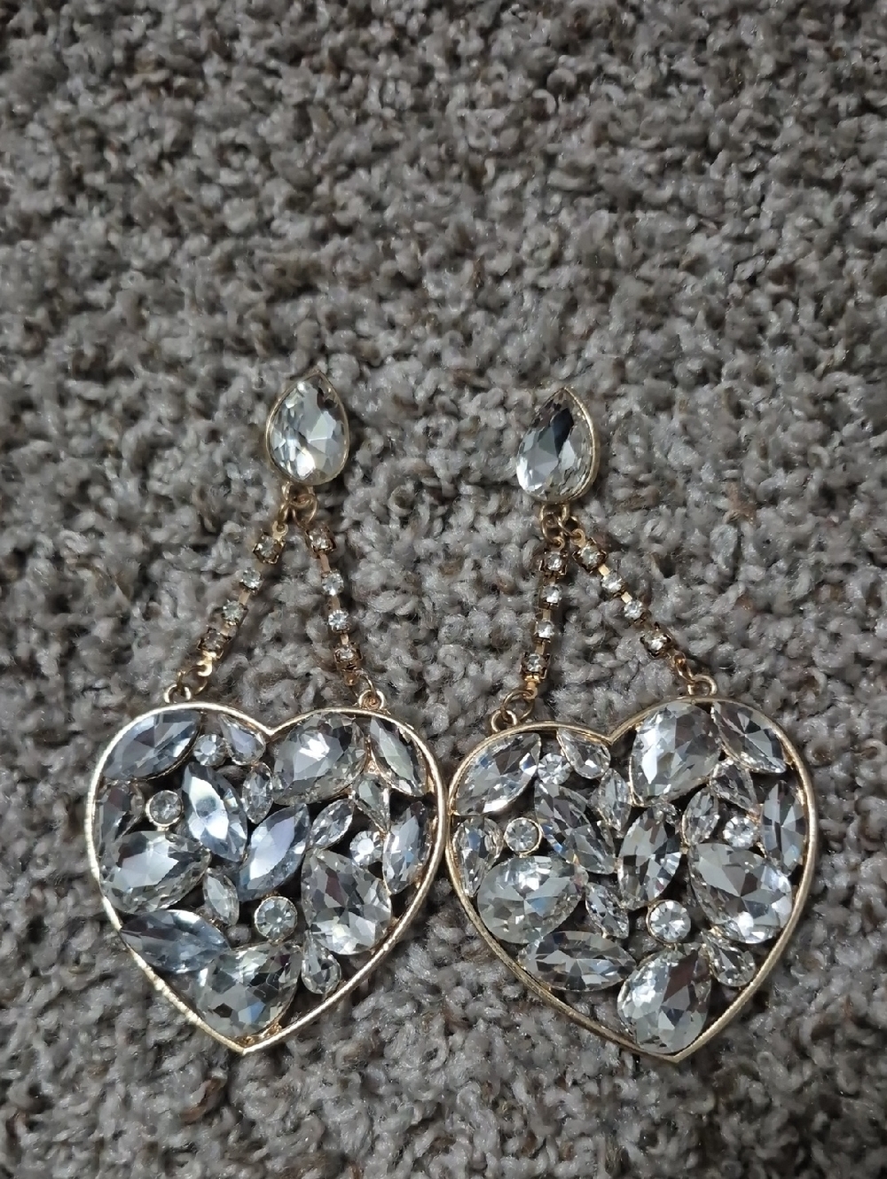 Elegant Gold-Tone Heart Crystal Drop Earrings - Clear Crystals
